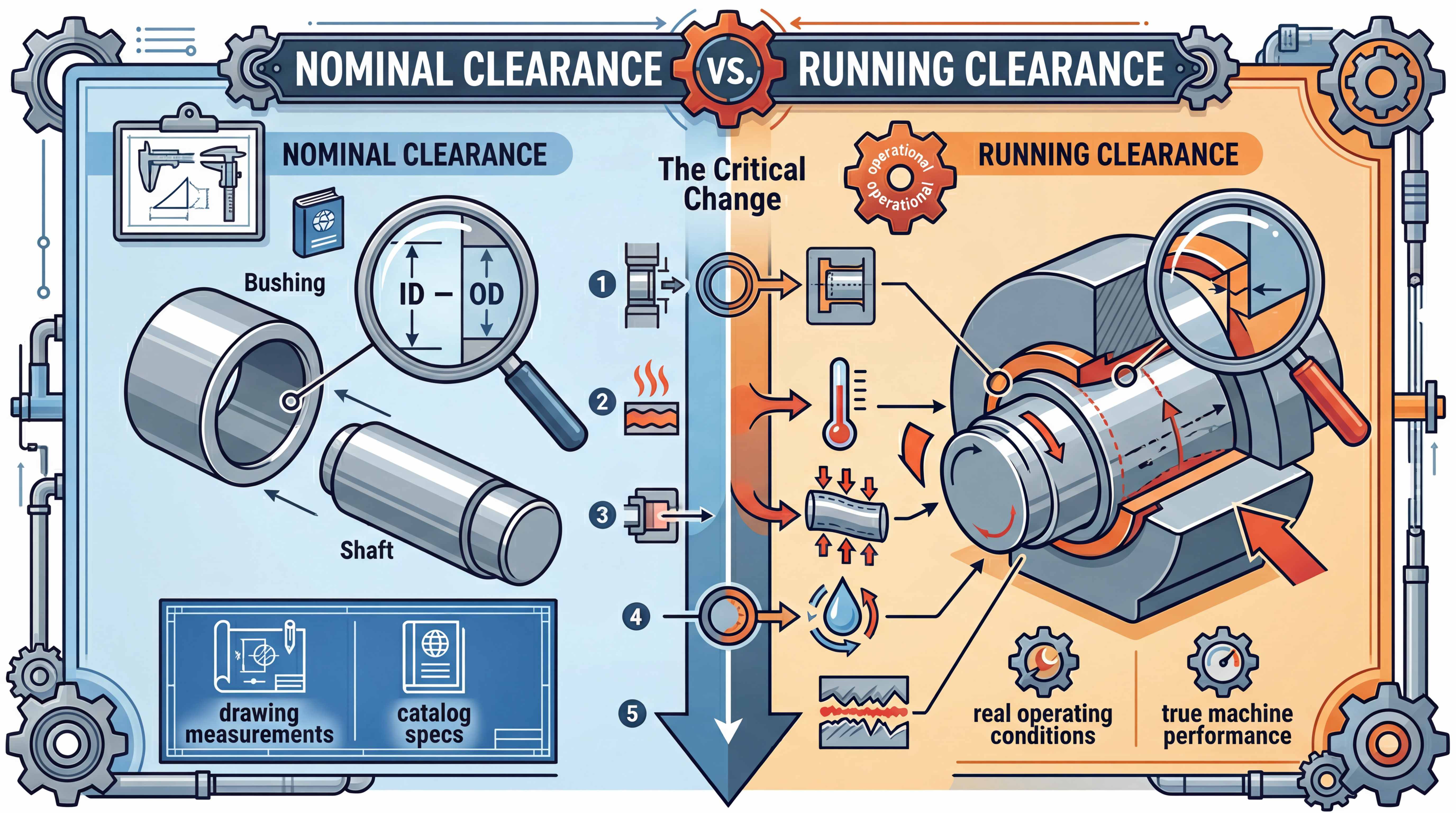 Nominal clearance vs running clearance infographic showing how catalog dimensions, press fit, temperature, load, lubrication, and real operating conditions change plain bearing performance
